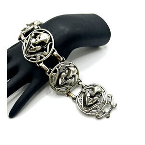 Unique Vtg Signed SELINI Art Drama Faces Masks Wide Panel Linked Silver Bracelet